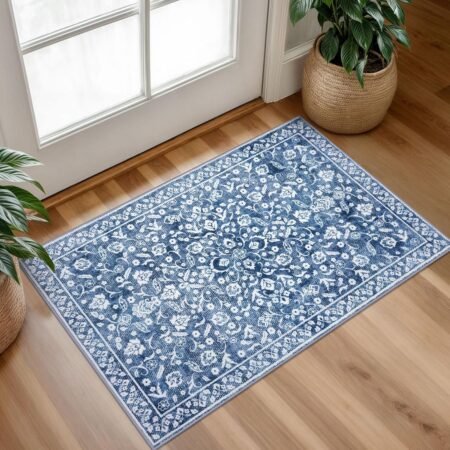 Denim blue and white washable decorative rugs